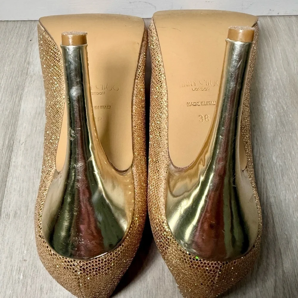 Jimmy Choo Gold Glitter Peep Toe Pumps Women’s EU 38 US 7.5 Stiletto Heels